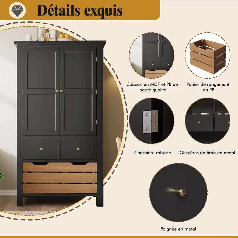 Tomomania Buffet de cuisine haut 80x40x140cm noir/blanc – Armoire de rangement multifonction en MDF, 5 tiroirs, 2 portes, style rétro moderne