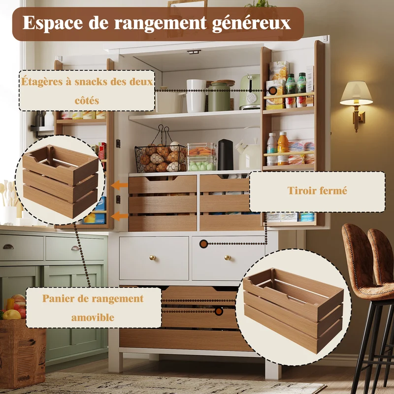 Embroidering Buffet haut de cuisine 80x40x140cm, armoire de rangement noire/blanche, 5 tiroirs, style rétro moderne, MDF robuste