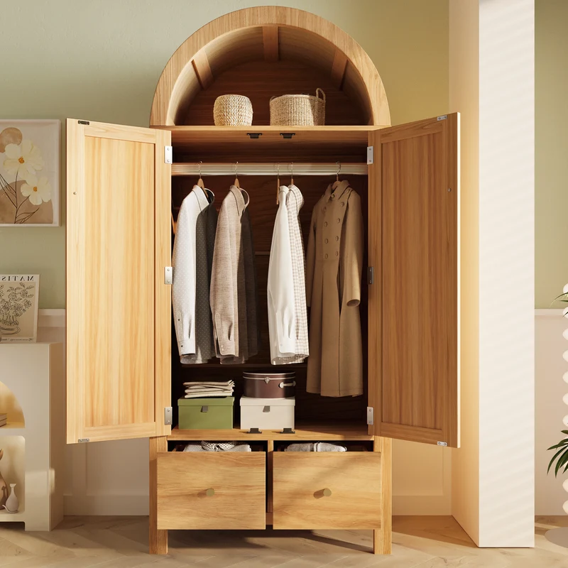 Uneccentrically Armoire 181x78x45 cm en bois chêne avec portes en rotin, style campagne, 2 tiroirs et penderie
