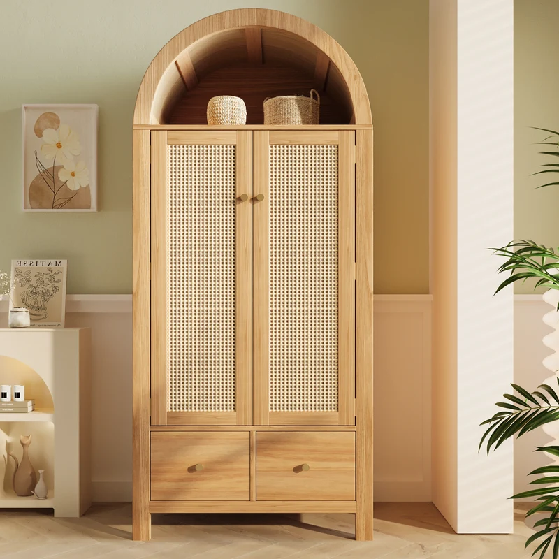 Uneccentrically Armoire 181x78x45 cm en bois chêne avec portes en rotin, style campagne, 2 tiroirs et penderie