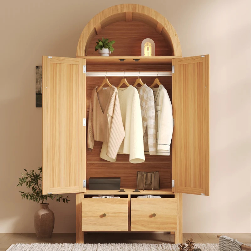 Uneccentrically Armoire 181x78x45 cm en bois chêne avec portes en rotin, style campagne, 2 tiroirs et penderie