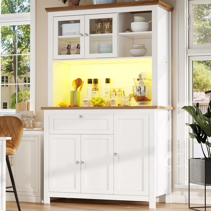 Subcantor Buffet haut 104x40x180cm blanc en MDF avec LED, style moderne, étagères réglables, vitrine et porte coulissante