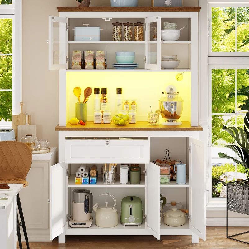 Subcantor Buffet haut 104x40x180cm blanc en MDF avec LED, style moderne, étagères réglables, vitrine et porte coulissante