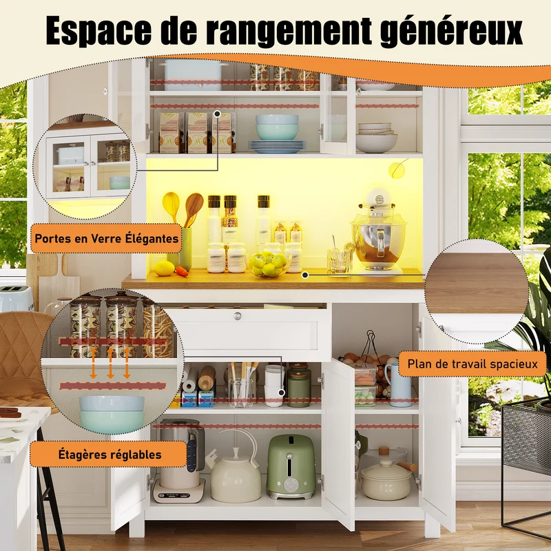Subcantor Buffet haut 104x40x180cm blanc en MDF avec LED, style moderne, étagères réglables, vitrine et porte coulissante