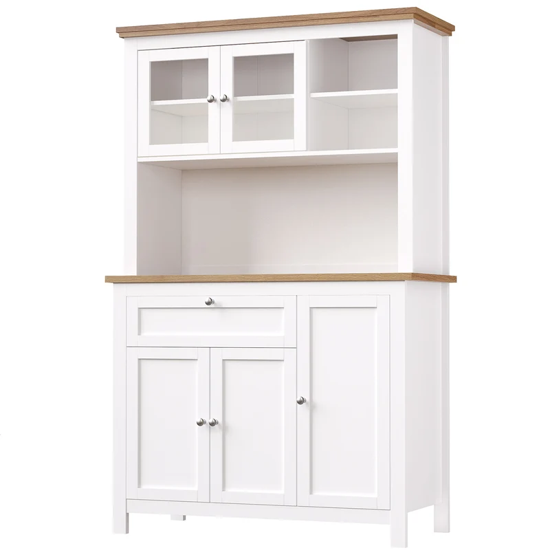 Subcantor Buffet haut 104x40x180cm blanc en MDF avec LED, style moderne, étagères réglables, vitrine et porte coulissante