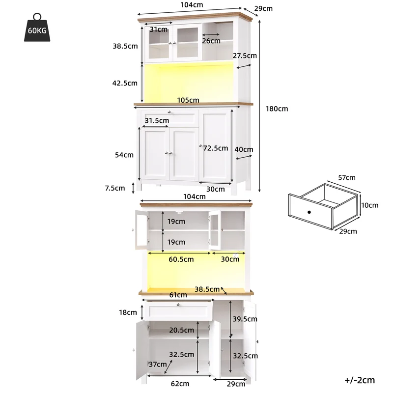 Subcantor Buffet haut 104x40x180cm blanc en MDF avec LED, style moderne, étagères réglables, vitrine et porte coulissante