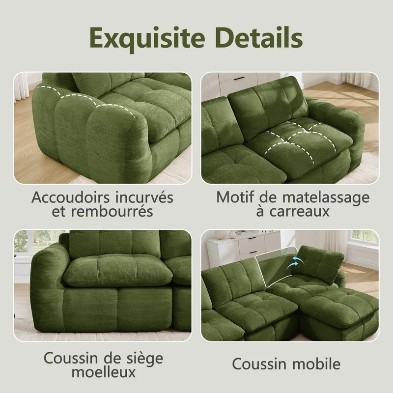 Canapé modulable 2 places vert en chenille profond et moelleux 194cm RUSTICCURTAINSET