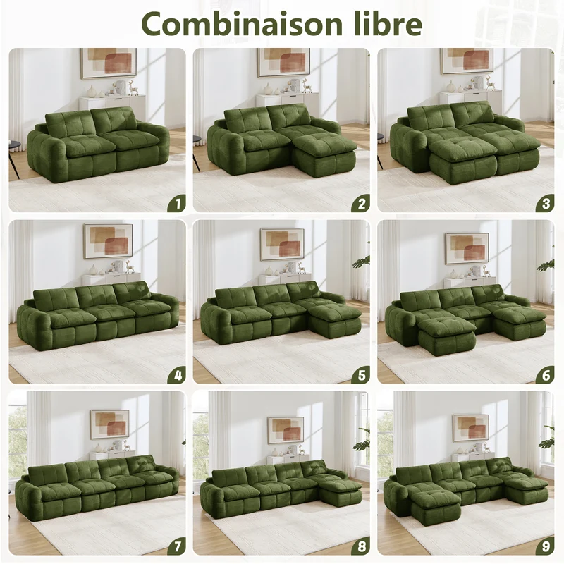 Canapé modulable 3 places matelassé en chenille verte 264 cmRUSTICCURTAINHOME