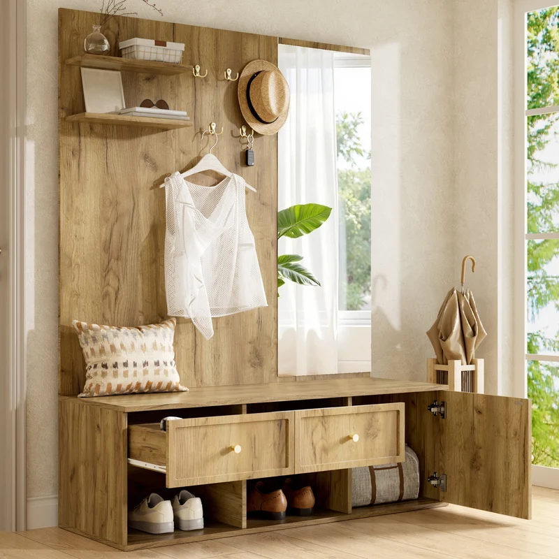 Vestiaire à l'entrée effet bois et miroir avec banc et rangement à chaussures 120cm SCREENMAX