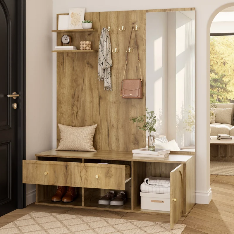 Vestiaire à l'entrée effet bois et miroir avec banc et rangement à chaussures 120cm SCREENMAX