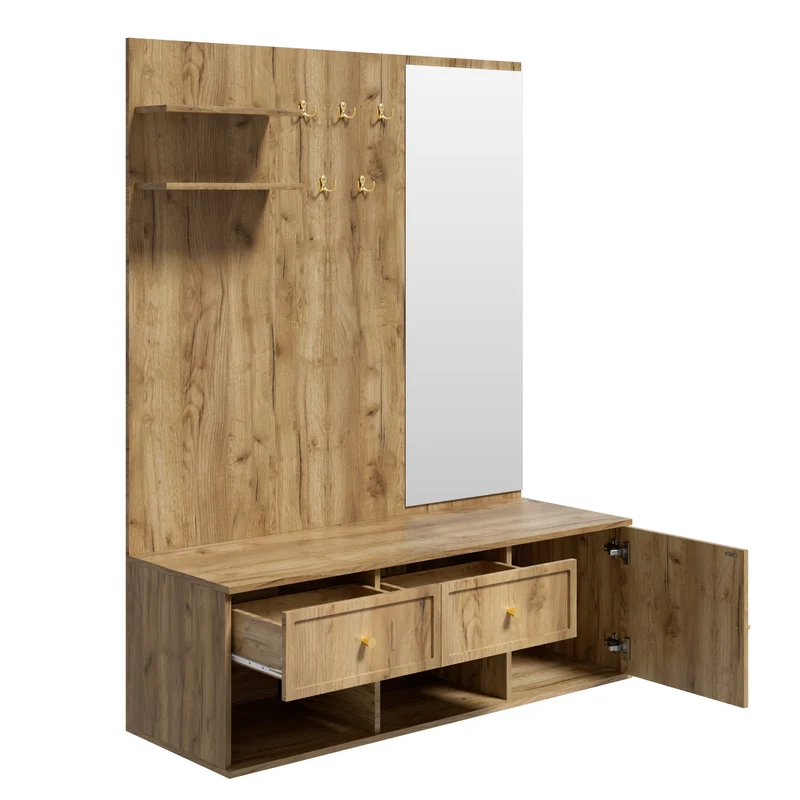 Vestiaire à l'entrée effet bois et miroir avec banc et rangement à chaussures 120cm SCREENMAX