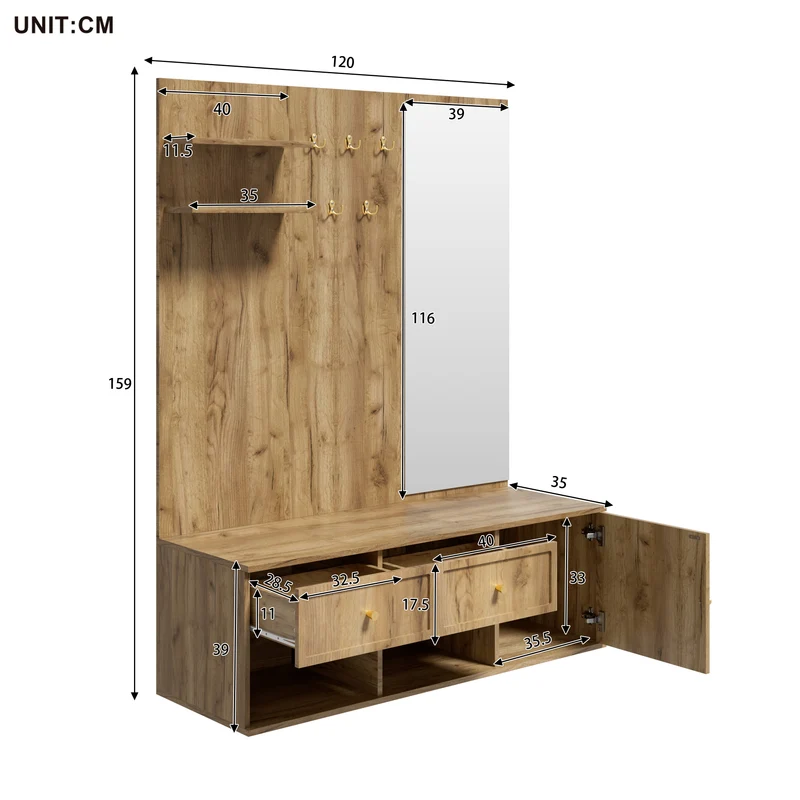 Vestiaire à l'entrée effet bois et miroir avec banc et rangement à chaussures 120cm SCREENMAX
