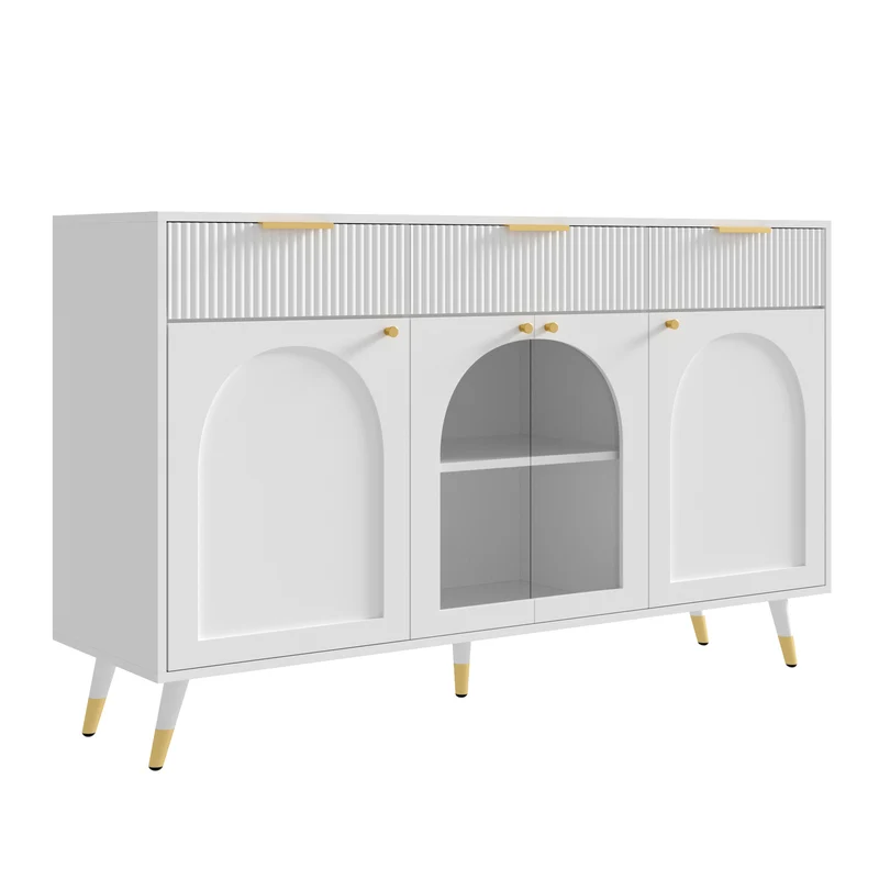 Buffet blanc motif texturé et vitrine avec 4 portes et 3 tiroirs, style moderne 140cm RUSTICLAMP