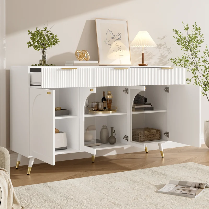 Buffet blanc motif texturé et vitrine avec 4 portes et 3 tiroirs, style moderne 140cm RUSTICLAMP