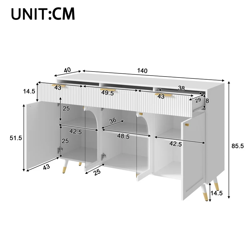 Buffet blanc motif texturé et vitrine avec 4 portes et 3 tiroirs, style moderne 140cm RUSTICLAMP