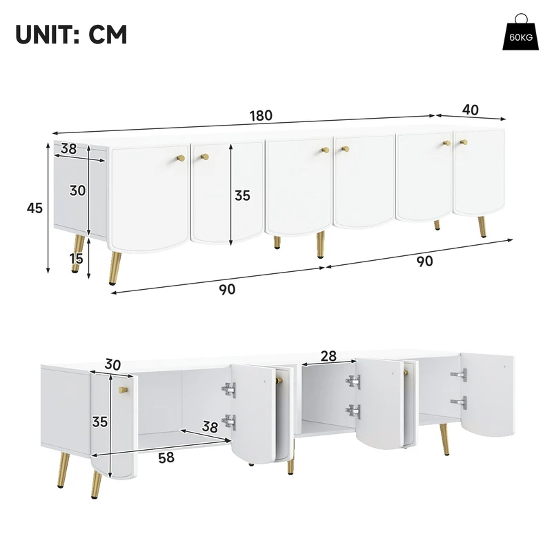 Meuble TV blanc et doré 6 portes, style moderne 180cm SCANDINAVIANCURTAIN