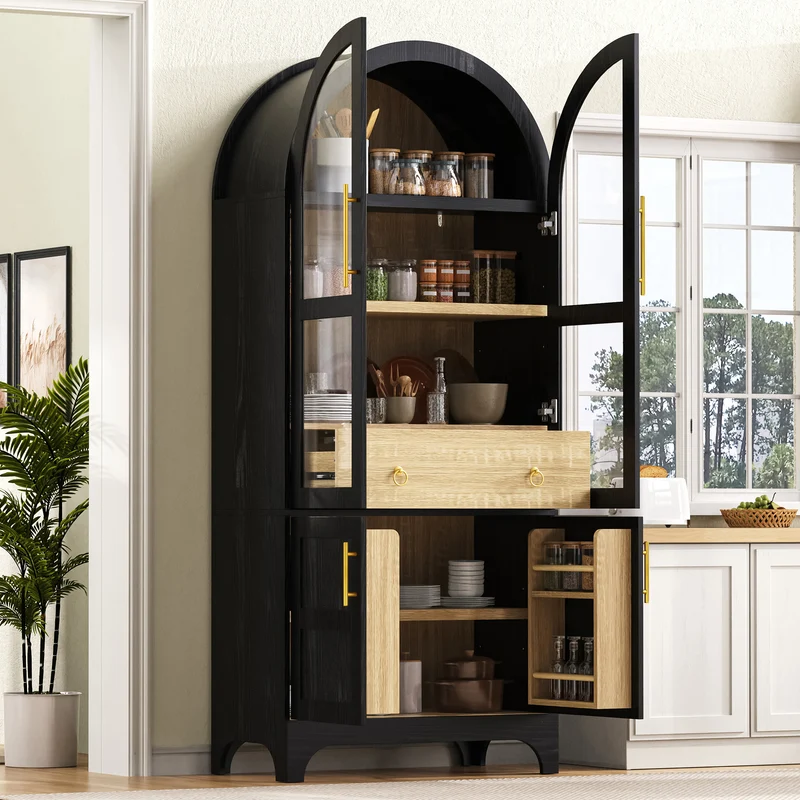 Armoire noire forme arche en verre cannelé rangement élégant 76×40×180cm RUSTICPINEONE