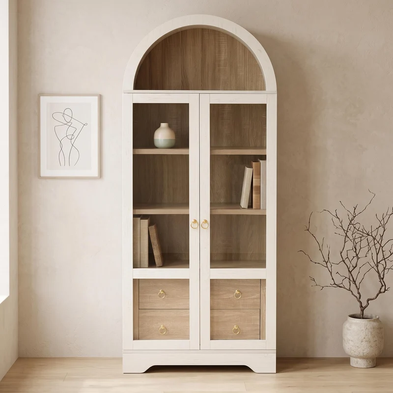 Armoire blanche forme arche en verre cannelé rangement élégant 76×40×180cm RUSTICPLANTSET