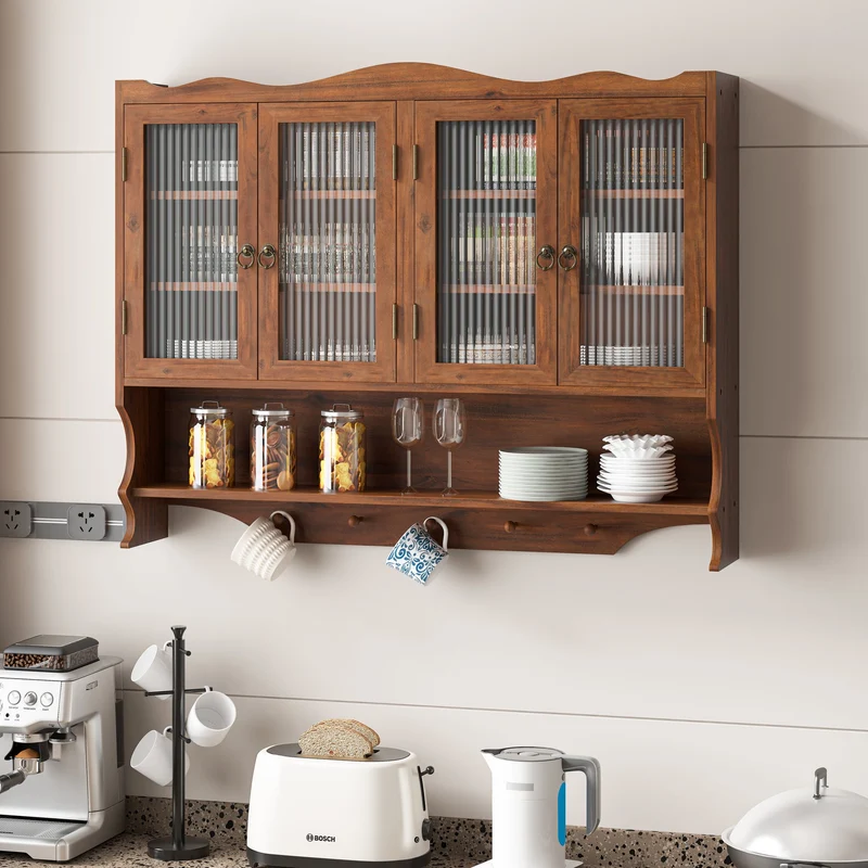 Armoire murale de cuisine en bois massif marron et verre cannalé, 4 portes 100cm SCANDINAVIANDIVIDER