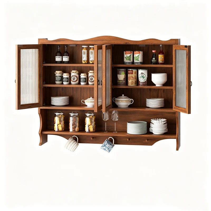 Armoire murale de cuisine en bois massif marron et verre cannalé, 4 portes 100cm SCANDINAVIANDIVIDER