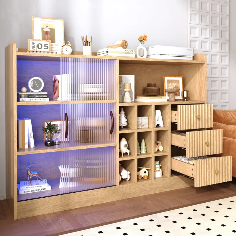 Buffet effet bois avec LED, portes vitrées et range-bouteilles 120×85×30cm RUSTICSCREENART