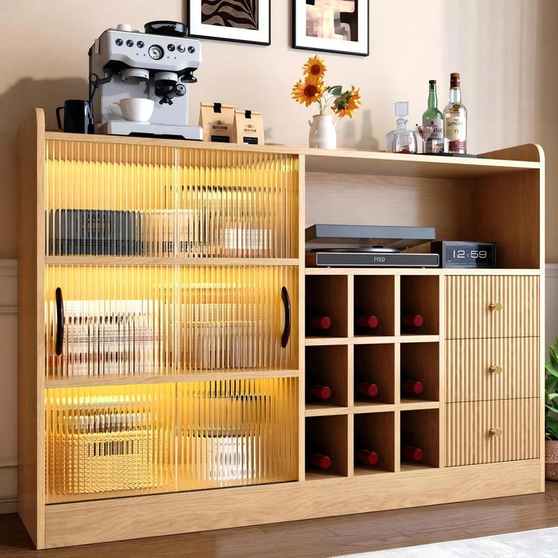 Buffet effet bois avec LED, portes vitrées et range-bouteilles 120×85×30cm RUSTICSCREENART