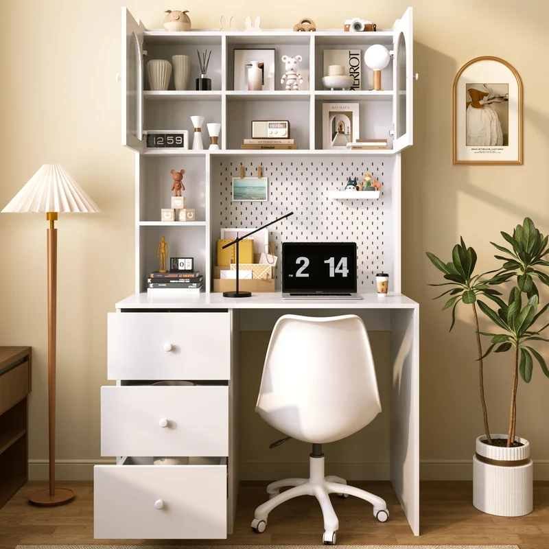 Coiffeuse blanche avec rangement, verre cannelé et pegboard 100x55x180cm RUSTICTABLESET