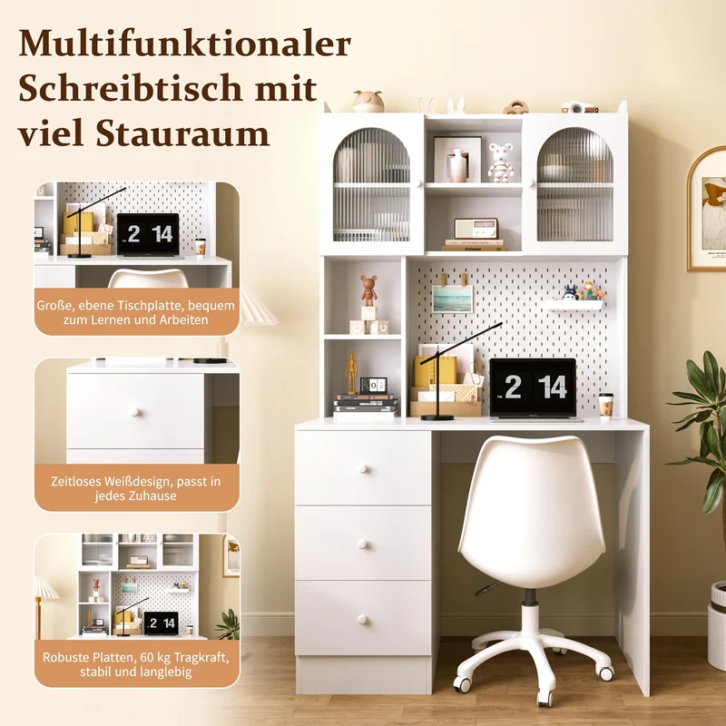 Coiffeuse blanche avec rangement, verre cannelé et pegboard 100x55x180cm RUSTICTABLESET
