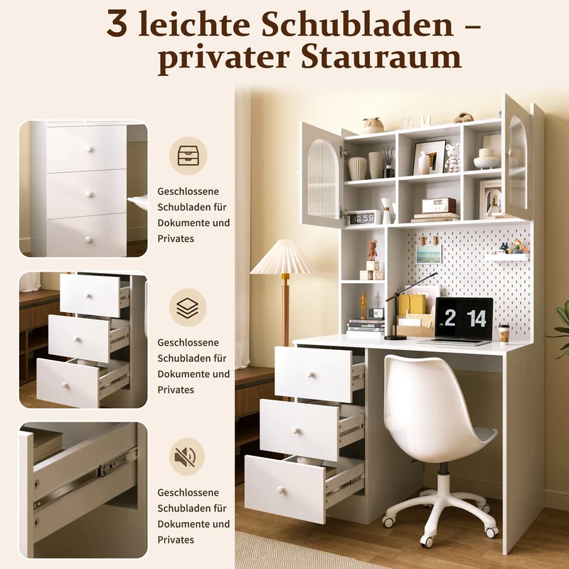 Coiffeuse blanche avec rangement, verre cannelé et pegboard 100x55x180cm RUSTICTABLESET