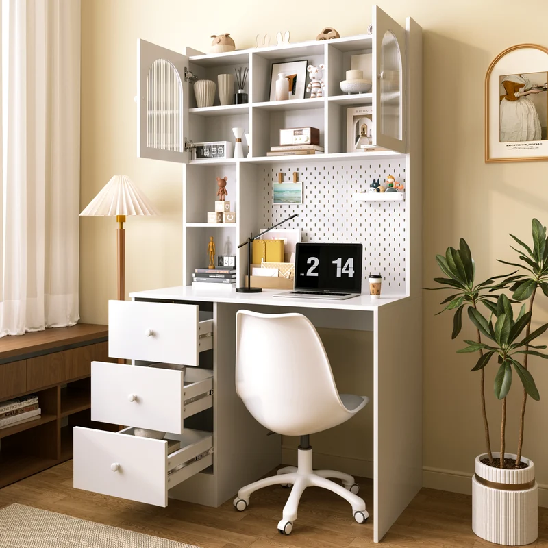 Coiffeuse blanche avec rangement, verre cannelé et pegboard 100x55x180cm RUSTICTABLESET