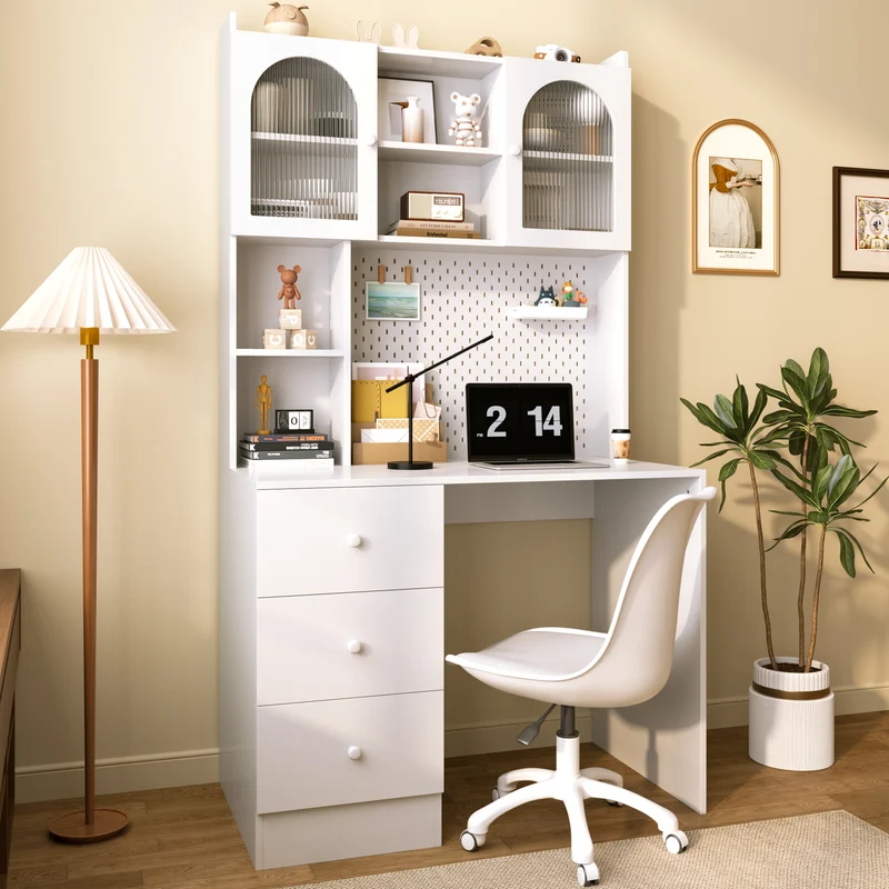 Coiffeuse blanche avec rangement, verre cannelé et pegboard 100x55x180cm RUSTICTABLESET