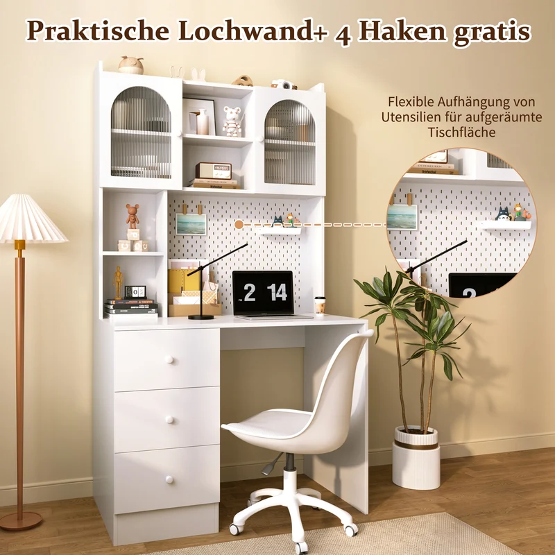 Coiffeuse blanche avec rangement, verre cannelé et pegboard 100x55x180cm RUSTICTABLESET