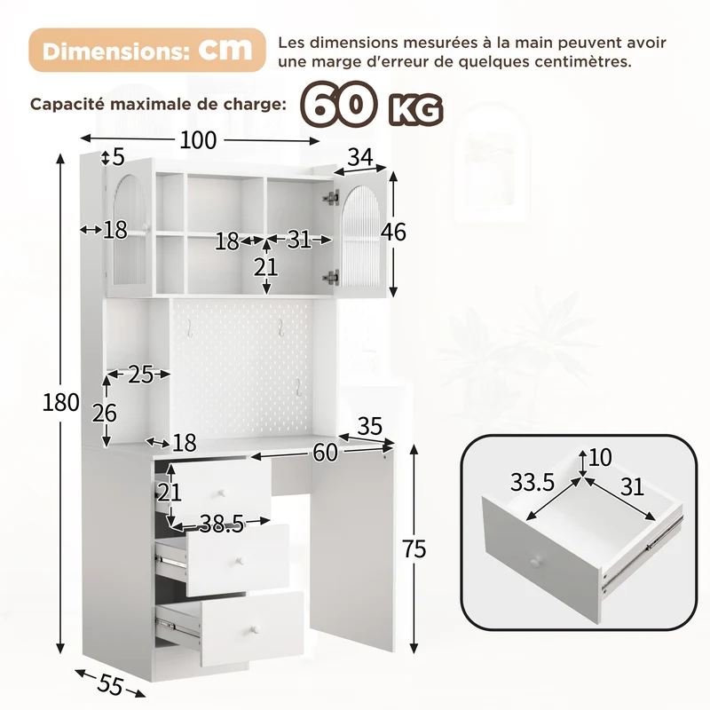 Coiffeuse blanche avec rangement, verre cannelé et pegboard 100x55x180cm RUSTICTABLESET