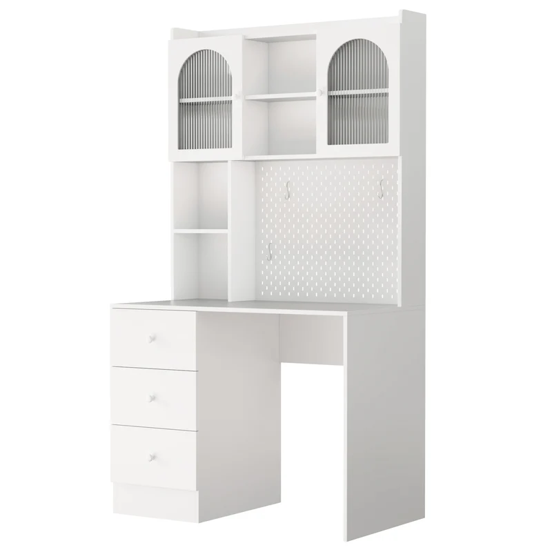 Coiffeuse blanche avec rangement, verre cannelé et pegboard 100x55x180cm RUSTICTABLESET