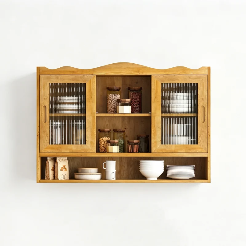Armoire murale de cuisine effet bois massif et verre, naturel, 2 portes coulissantes 90cm SCANDINAVIANFRAME