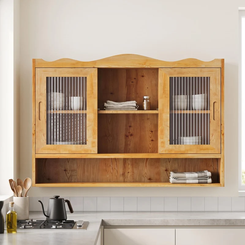 Armoire murale de cuisine effet bois massif et verre, naturel, 2 portes coulissantes 90cm SCANDINAVIANFRAME