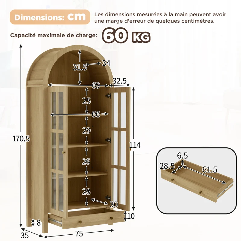 Armoire forme arche effet bois portes vitrine en acrylique 75x35x170cm RUSTICPILLOWHOME