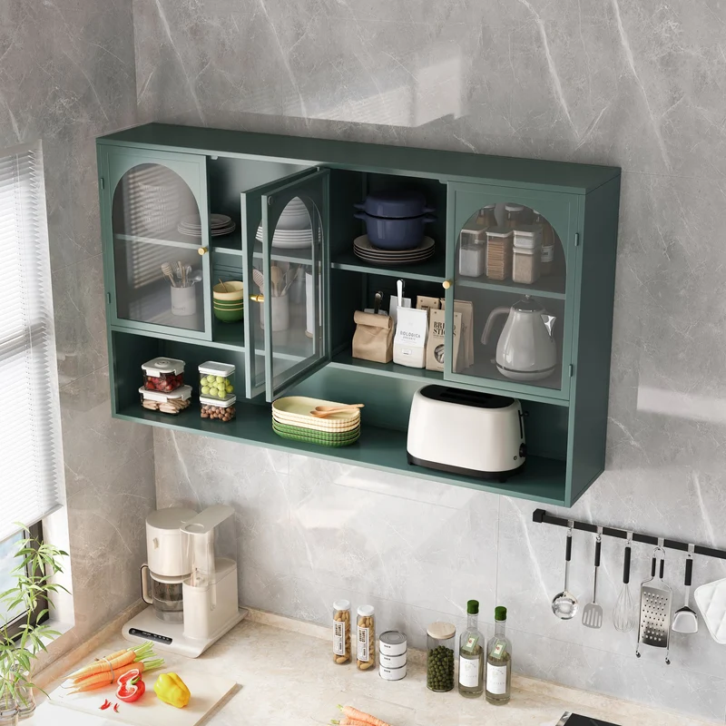 Armoire murale de cuisine métallique style industriel vert foncé avec 4 portes vitrées 120cm SCANDINAVIANCONSOLE