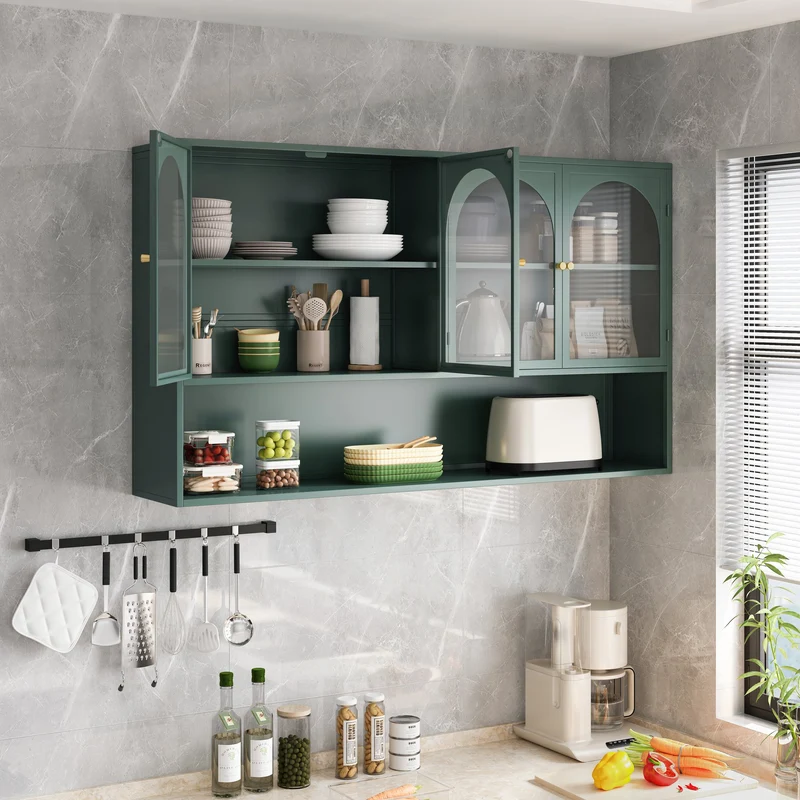 Armoire murale de cuisine métallique style industriel vert foncé avec 4 portes vitrées 120cm SCANDINAVIANCONSOLE