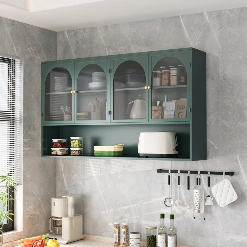 Armoire murale de cuisine métallique style industriel vert foncé avec 4 portes vitrées 120cm SCANDINAVIANCONSOLE