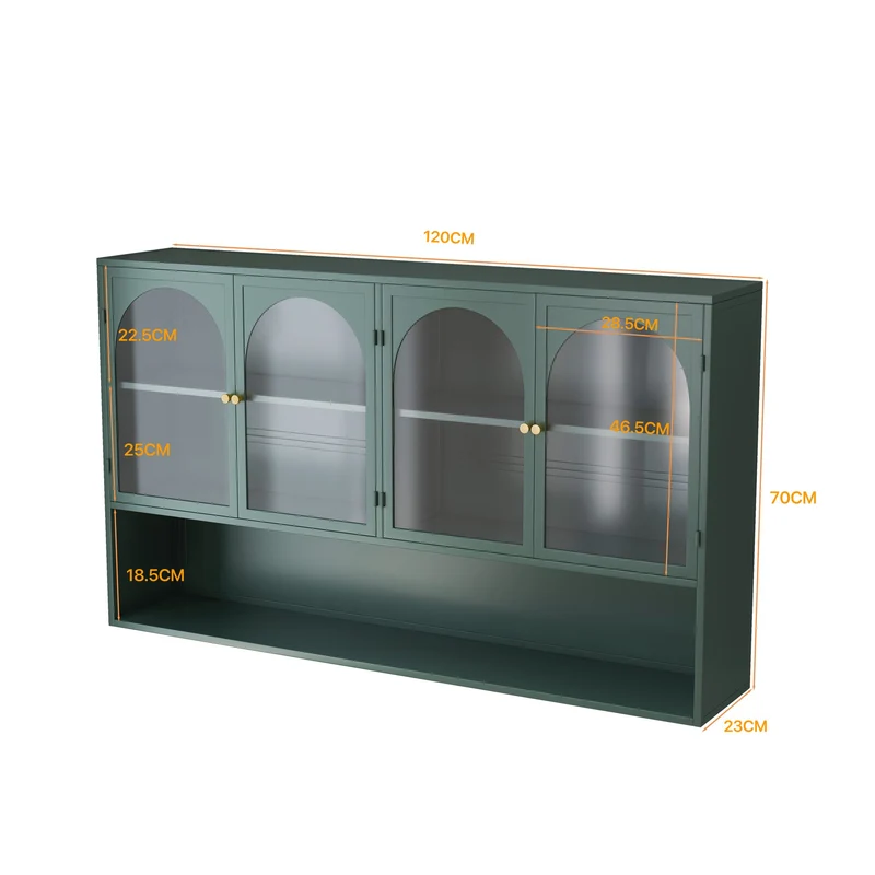 Armoire murale de cuisine métallique style industriel vert foncé avec 4 portes vitrées 120cm SCANDINAVIANCONSOLE