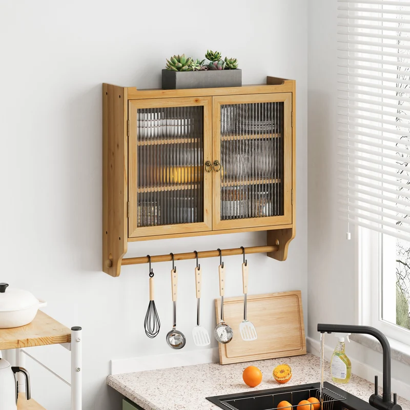 Armoire murale de cuisine effet bois massif et verre, style vintage, 3 niveaux BRIARSNOW