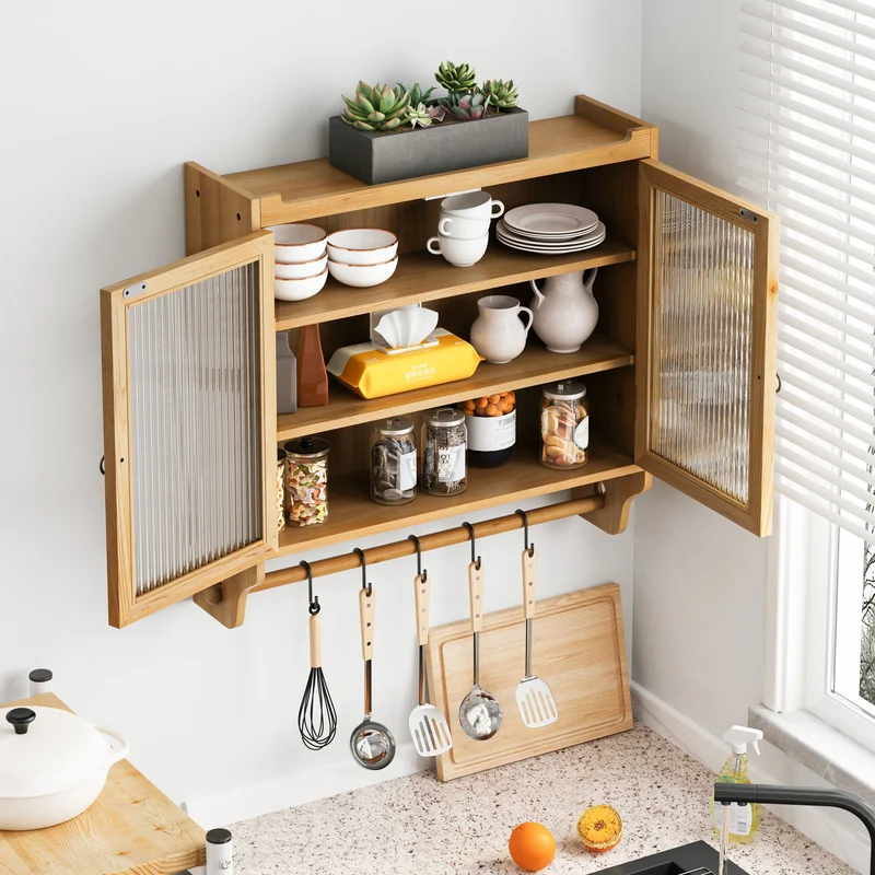 Armoire murale de cuisine effet bois massif et verre, style vintage, 3 niveaux BRIARSNOW