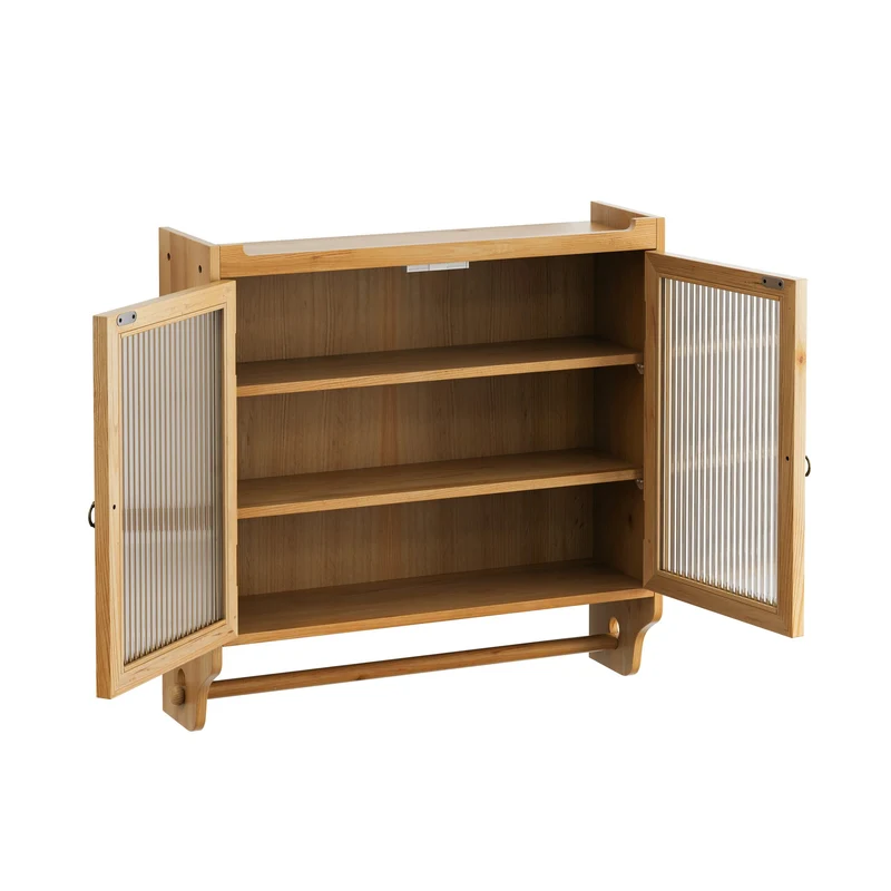 Armoire murale de cuisine effet bois massif et verre, style vintage, 3 niveaux BRIARSNOW