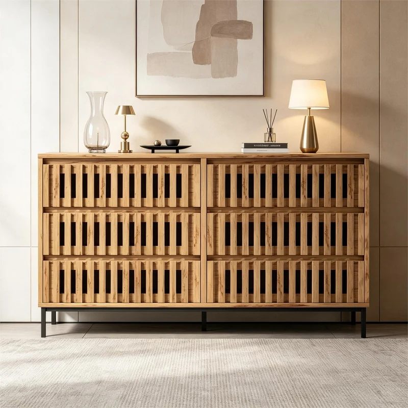 Buffet effet bois 6 tiroirs, style cannage 120x40x81cm RUSTICPANELHOME