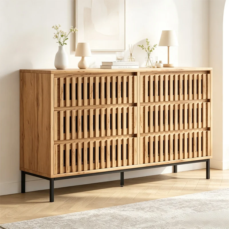 Buffet effet bois 6 tiroirs, style cannage 120x40x81cm RUSTICPANELHOME