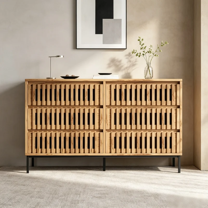 Buffet effet bois 6 tiroirs, style cannage 120x40x81cm RUSTICPANELHOME