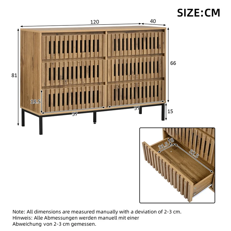 Buffet effet bois 6 tiroirs, style cannage 120x40x81cm RUSTICPANELHOME