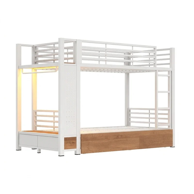 Lit superposé 90x200cm métallique blanc avec LED et tiroirs rangements RUSTICMIRROR