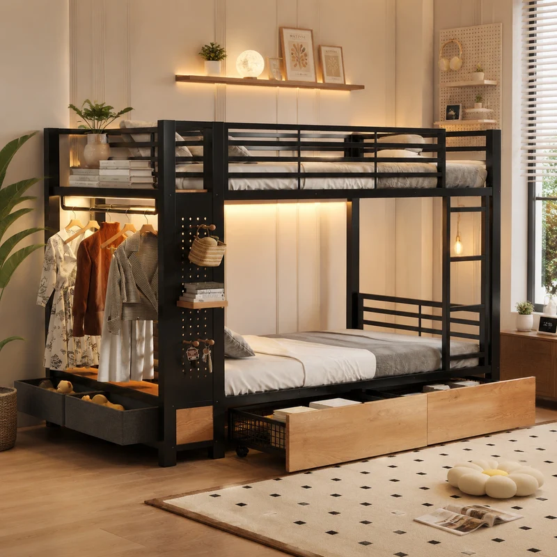 Lit superposé 90x200 cm métallique noir avec LED et tiroirs rangements RUSTICNIGHTSTAND